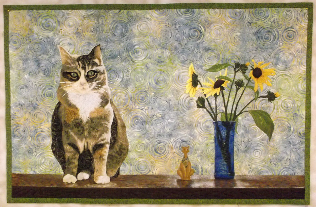 cat quilt with sunflowers