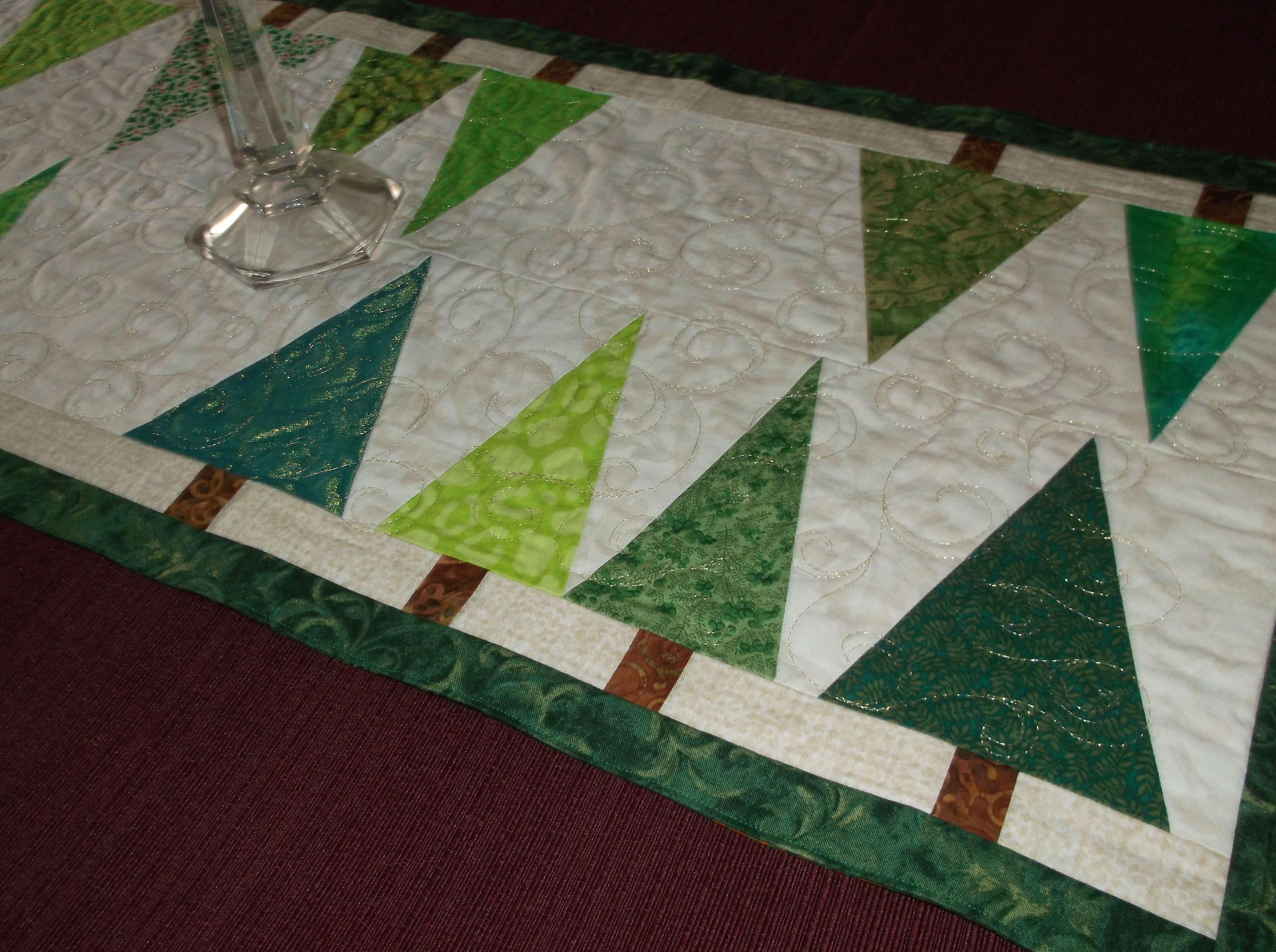 Christmas Table Runner, Reversible, Fall colors on reverse, green trees, white/cream, brown, rust, gold, by Amy Krasnansky
