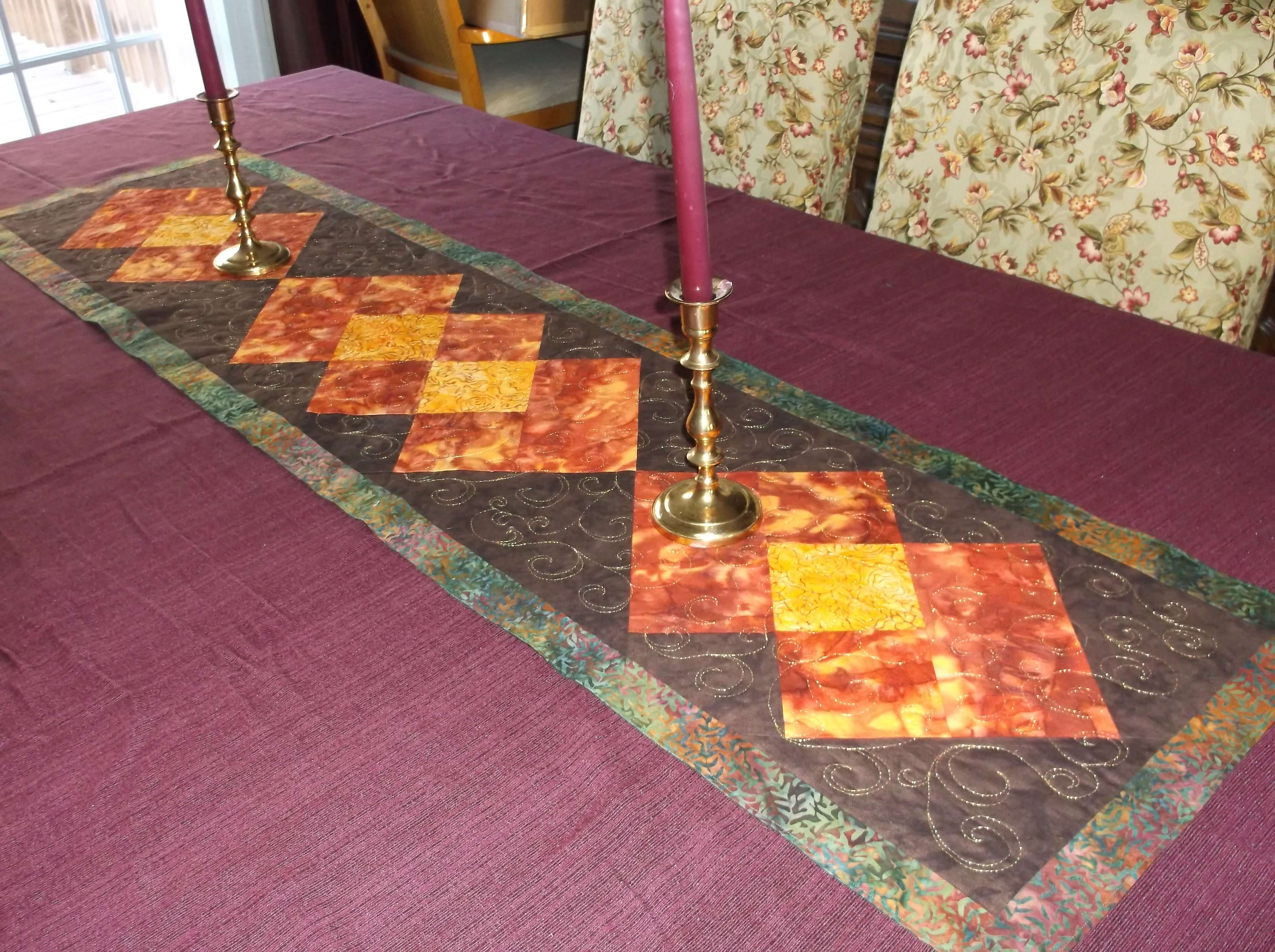 Fall/Autumn Table Runner, Reversible, Christmas on reverse, green trees, white/cream, brown, rust, gold, by Amy Krasnansky